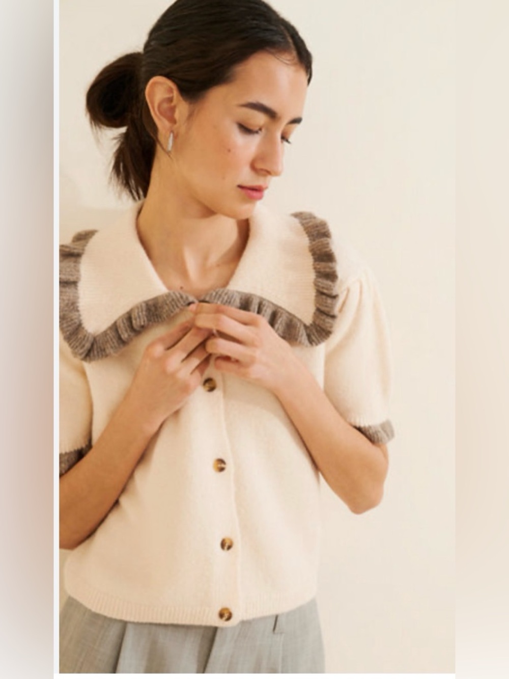 Anthropologie Self Contrast Cream Short Sleeve Knit Cardigan with Brown Trim XS‎